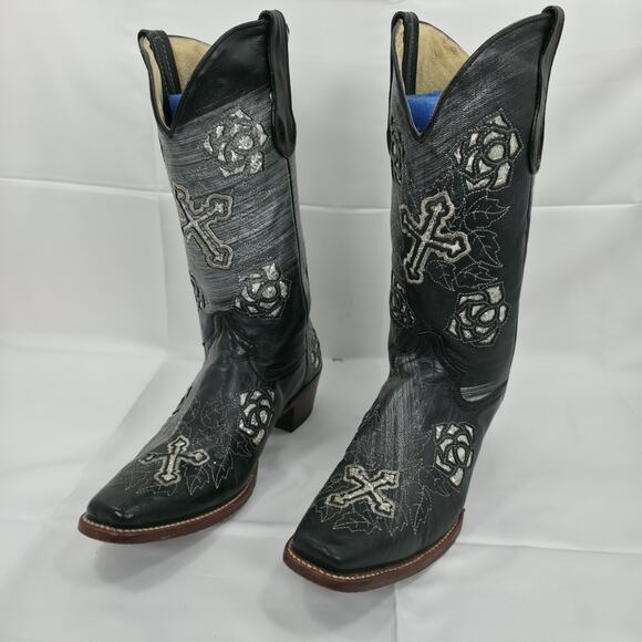 Ferrini Shoes - Ferrini Womens Cowboy Boots Size 9 B Black Leather Cross Rose Gothic Western
